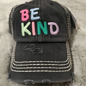Be Kind Distressed Embroidered Baseball Cap. One Size Fits Most.
